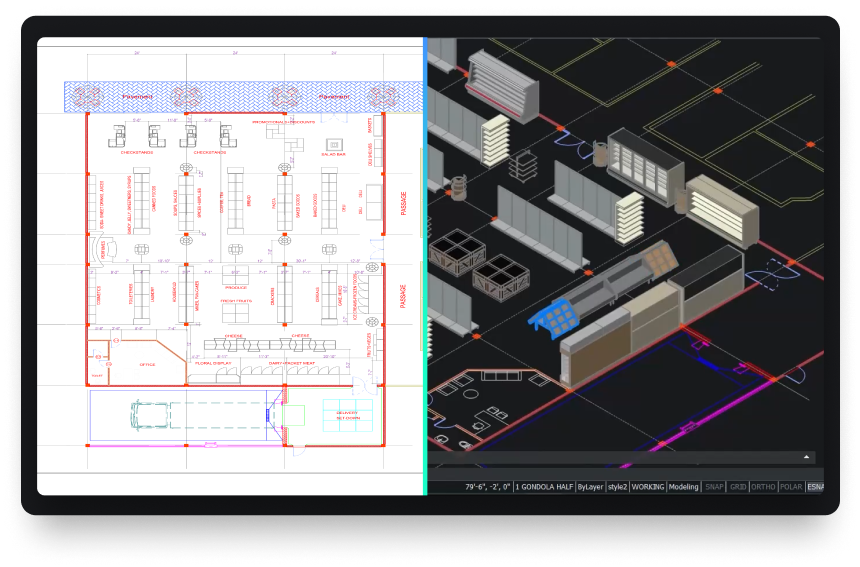 CADGlobal Suite: the same floor plan as a 2D drawing and as a 3D model